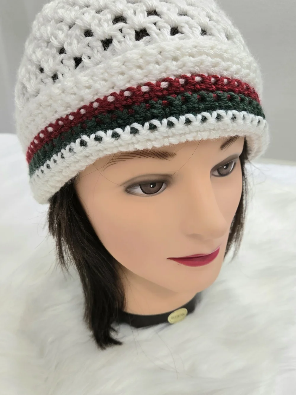 Handmade Cream Crochet Beanie with Red & Green Stripe